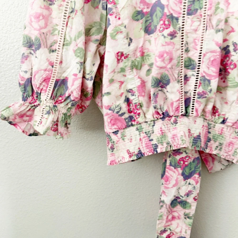LOVESHACKFANCY | Karsten Top Pink Floral Puff Sleeve Smocked Crop Blouse | Large